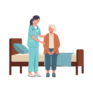 1 aide soignante qui parle à une senior assise sur un lit.