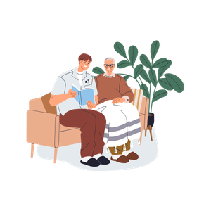 1 jeune qui fait la lecture à un senior qui a une couverture sur les jambes. Les 2 sont assis sur un canapé.