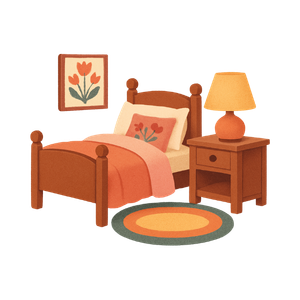 Chambre jeune. Lit, cadre, table de nuit, lampe et tapis. Cette image représente une chambre.