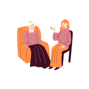 1 jeune et 1 seniors qui parlent ensemble. La première est assise dans un fauteuil avec une couverture sur les jambes, la seconde est assise sur une chaise.
